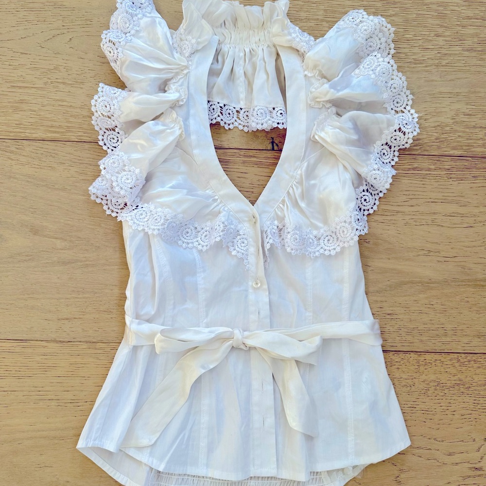 XS white Bebe cotton halter top with ruffles